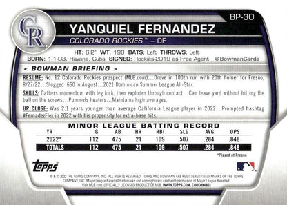 2023 Bowman Prospects Yanquiel Fernandez BP-30 Colorado Rockies