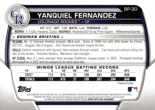 2023 Bowman Prospects Yanquiel Fernandez BP-30 Colorado Rockies