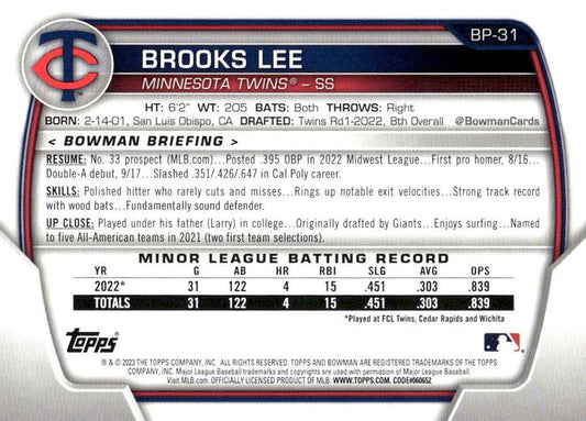 2023 Bowman Prospects Brooks Lee BP-31 Minnesota Twins