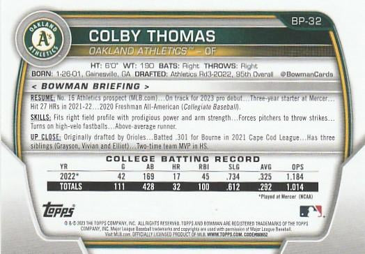 2023 Bowman Prospects 1st Bowman Colby Thomas FBC BP-32 Oakland Athletics