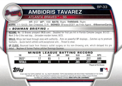 2023 Bowman Prospects 1st Bowman Ambioris Tavarez FBC BP-33 Atlanta Braves