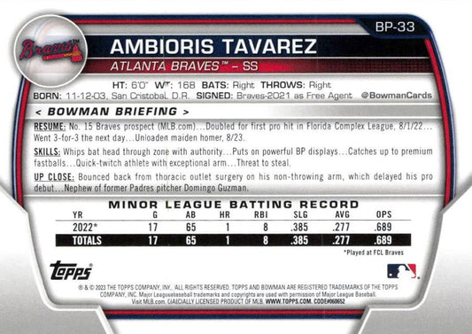 2023 Bowman Prospects 1st Bowman Ambioris Tavarez FBC BP-33 Atlanta Braves