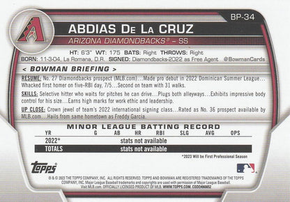 2023 Bowman Prospects 1st Bowman Abdias De La Cruz FBC BP-34 Arizona Diamondbacks