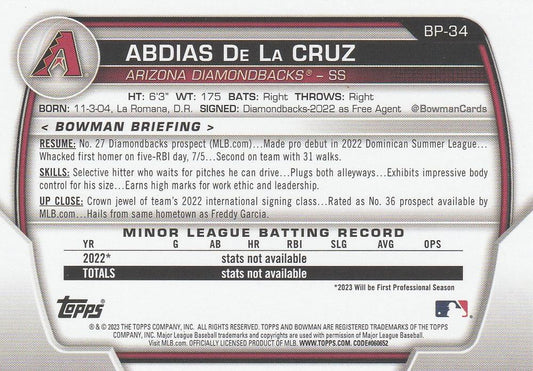 2023 Bowman Prospects 1st Bowman Abdias De La Cruz FBC BP-34 Arizona Diamondbacks