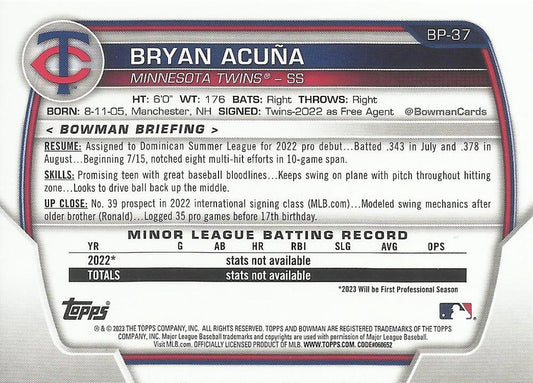 2023 Bowman Prospects Bryan Acuna BP-37 Minnesota Twins