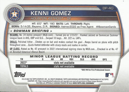 2023 Bowman Prospects 1st Bowman Kenni Gomez FBC BP-40 Houston Astros