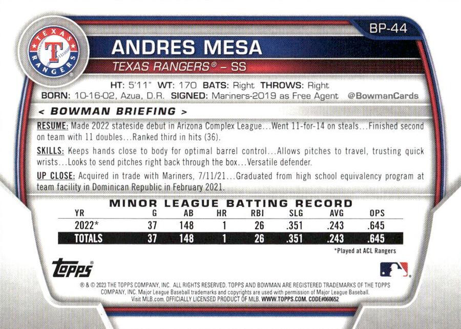 2023 Bowman Prospects 1st Bowman Andres Mesa FBC BP-44 Texas Rangers