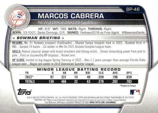 2023 Bowman Prospects 1st Bowman Marcos Cabrera FBC BP-46 New York Yankees