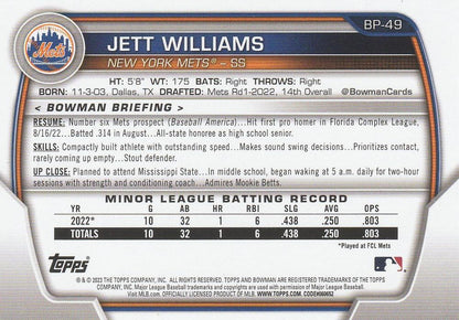 2023 Bowman Prospects Jett Williams BP-49 New York Mets