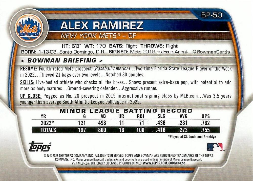 2023 Bowman Prospects Alex Ramirez BP-50 New York Mets