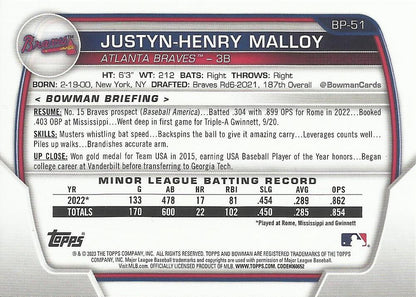 2023 Bowman Prospects 1st Bowman Justyn-Henry Malloy FBC BP-51 Atlanta Braves