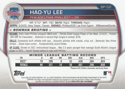 2023 Bowman Prospects 1st Bowman Hao-Yu Lee FBC BP-52 Philadelphia Phillies