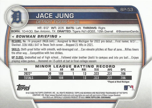 2023 Bowman Prospects Jace Jung BP-53 Detroit Tigers