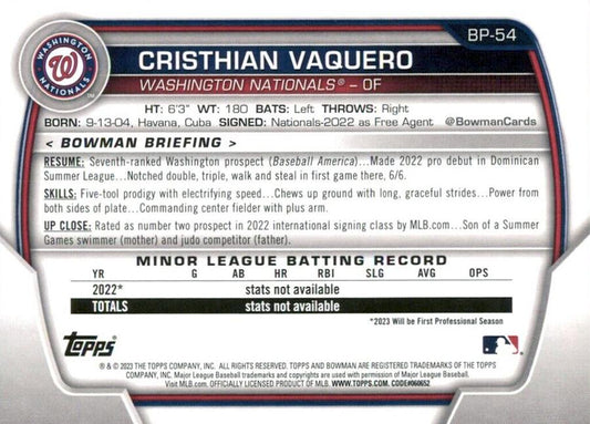 2023 Bowman Prospects Cristhian Vaquero BP-54 Washington Nationals