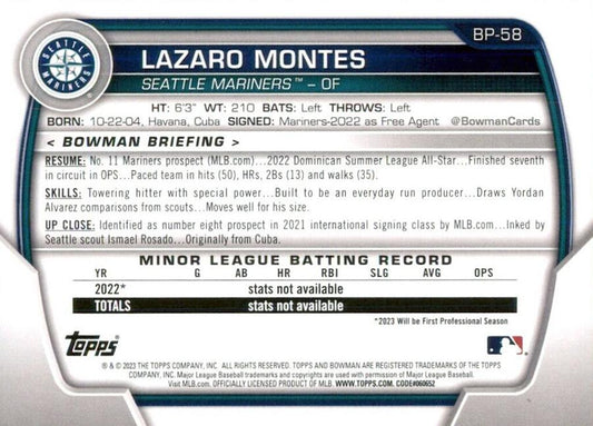 2023 Bowman Prospects 1st Bowman Lazaro Montes FBC BP-58 Seattle Mariners