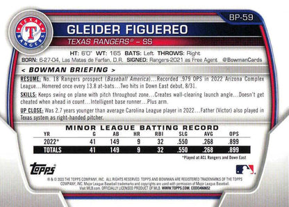 2023 Bowman Prospects 1st Bowman Gleider Figuereo FBC BP-59 Texas Rangers