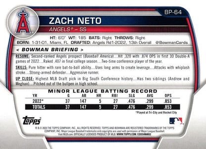 2023 Bowman Prospects Zach Neto BP-64 Angels