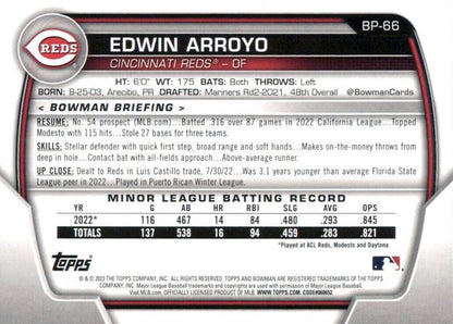 2023 Bowman Prospects Edwin Arroyo BP-66 Cincinnati Reds