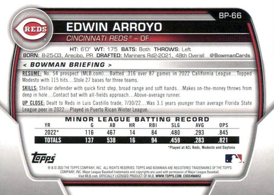 2023 Bowman Prospects Edwin Arroyo BP-66 Cincinnati Reds