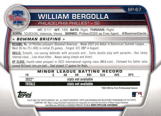 2023 Bowman Prospects William Bergolla BP-67 Philadelphia Phillies