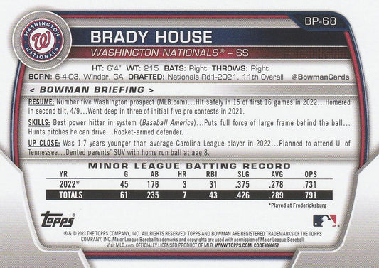 2023 Bowman Prospects Brady House BP-68 Washington Nationals