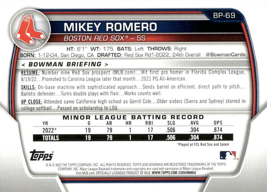 2023 Bowman Prospects Mikey Romero BP-69 Boston Red Sox