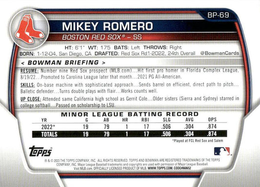 2023 Bowman Prospects Mikey Romero BP-69 Boston Red Sox