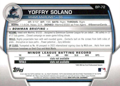 2023 Bowman Prospects 1st Bowman Yoffry Solano FBC BP-72 Miami Marlins