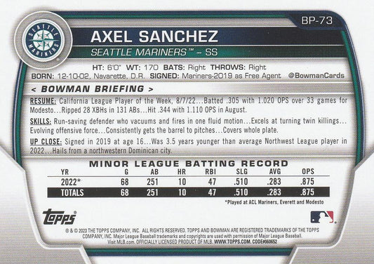 2023 Bowman Prospects 1st Bowman Axel Sanchez FBC BP-73 Seattle Mariners