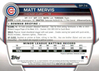 2023 Bowman Prospects 1st Bowman Matt Mervis FBC BP-74 Chicago Cubs