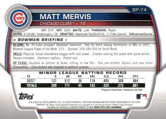 2023 Bowman Prospects 1st Bowman Matt Mervis FBC BP-74 Chicago Cubs