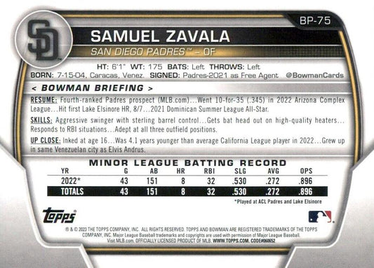 2023 Bowman Prospects Samuel Zavala BP-75 San Diego Padres