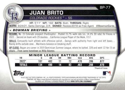 2023 Bowman Prospects 1st Bowman Juan Brito FBC BP-77 Colorado Rockies