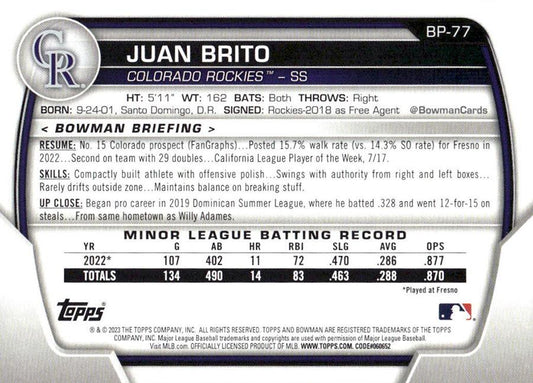 2023 Bowman Prospects 1st Bowman Juan Brito FBC BP-77 Colorado Rockies