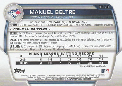 2023 Bowman Prospects  Manuel Beltre  BP-79 Toronto Blue Jays