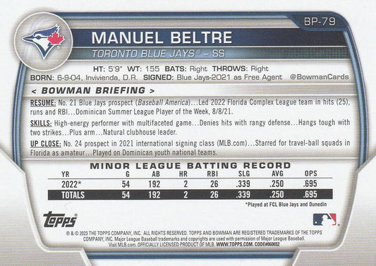 2023 Bowman Prospects  Manuel Beltre  BP-79 Toronto Blue Jays