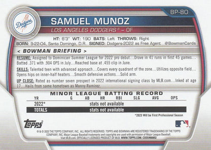 2023 Bowman Prospects Samuel Munoz BP-80 Los Angeles Dodgers