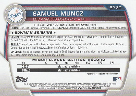 2023 Bowman Prospects Samuel Munoz BP-80 Los Angeles Dodgers