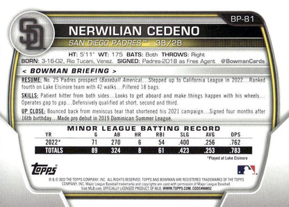 2023 Bowman Prospects 1st Bowman Nerwilian Cedeno FBC BP-81 San Diego Padres