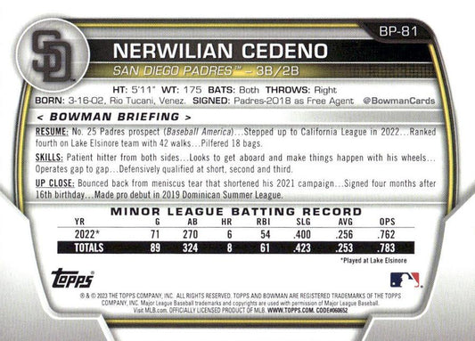 2023 Bowman Prospects 1st Bowman Nerwilian Cedeno FBC BP-81 San Diego Padres