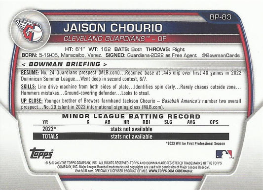 2023 Bowman Prospects 1st Bowman Jaison Chourio FBC BP-83 Cleveland Guardians