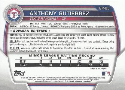 2023 Bowman Prospects Anthony Gutierrez BP-85 Texas Rangers