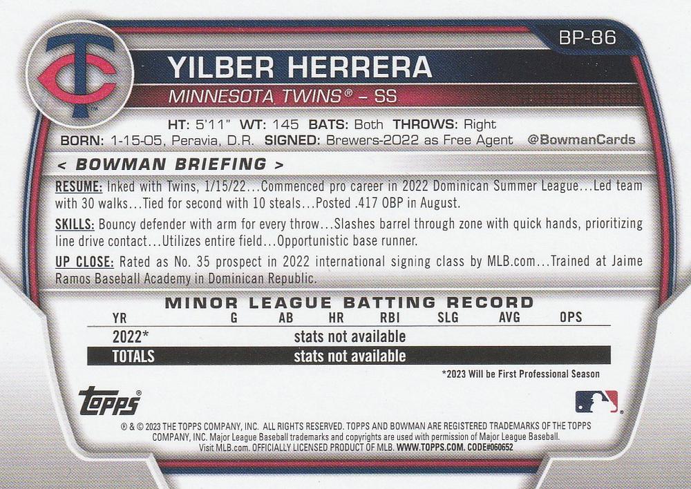 2023 Bowman Prospects 1st Bowman Yilber Herrera FBC BP-86 Minnesota Twins