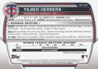 2023 Bowman Prospects 1st Bowman Yilber Herrera FBC BP-86 Minnesota Twins