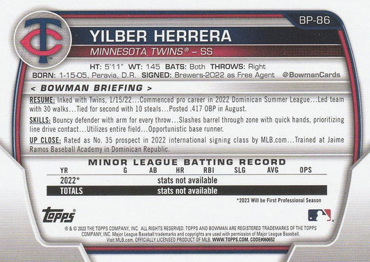 2023 Bowman Prospects 1st Bowman Yilber Herrera FBC BP-86 Minnesota Twins