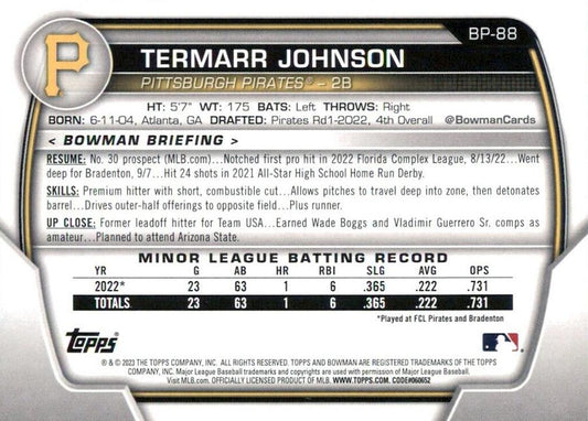 2023 Bowman Prospects Termarr Johnson BP-88 Pittsburgh Pirates