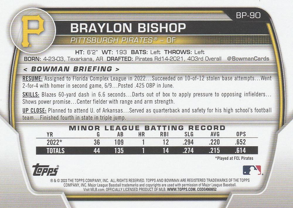 2023 Bowman Prospects 1st Bowman Braylon Bishop FBC BP-90 Pittsburgh Pirates