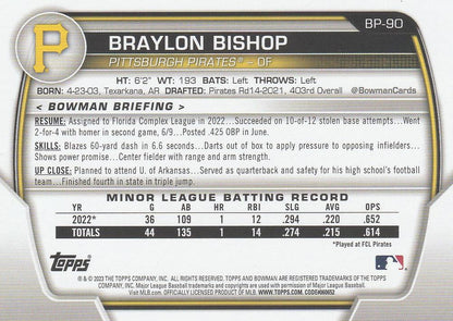 2023 Bowman Prospects 1st Bowman Braylon Bishop FBC BP-90 Pittsburgh Pirates