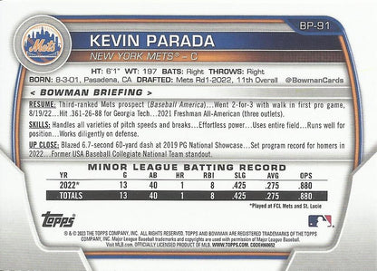 2023 Bowman Prospects Kevin Parada BP-91 New York Mets
