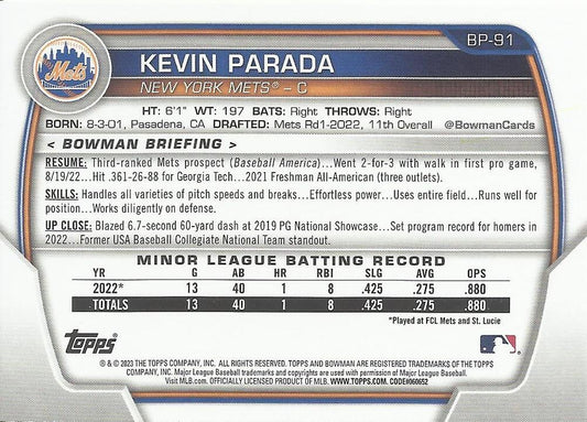 2023 Bowman Prospects Kevin Parada BP-91 New York Mets